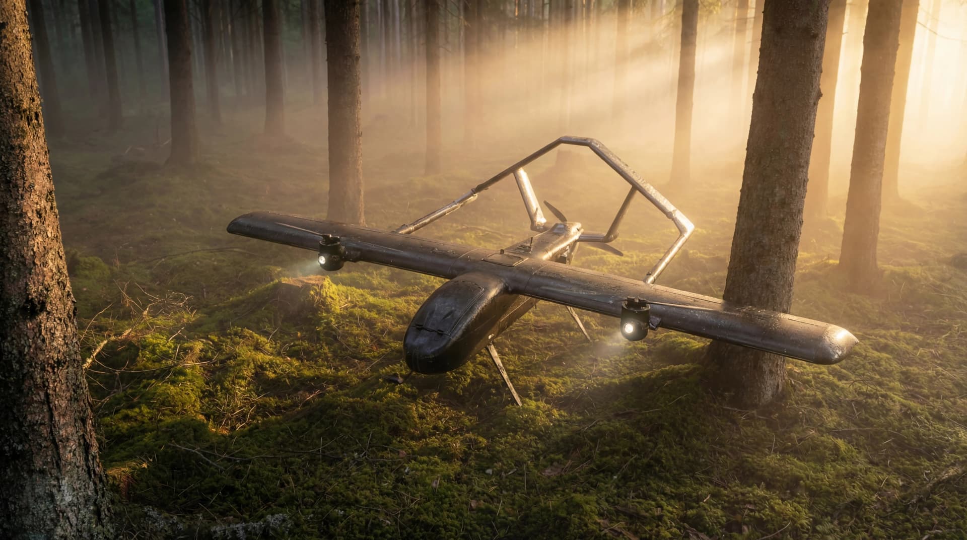 Herald VTOL in flight over forest
